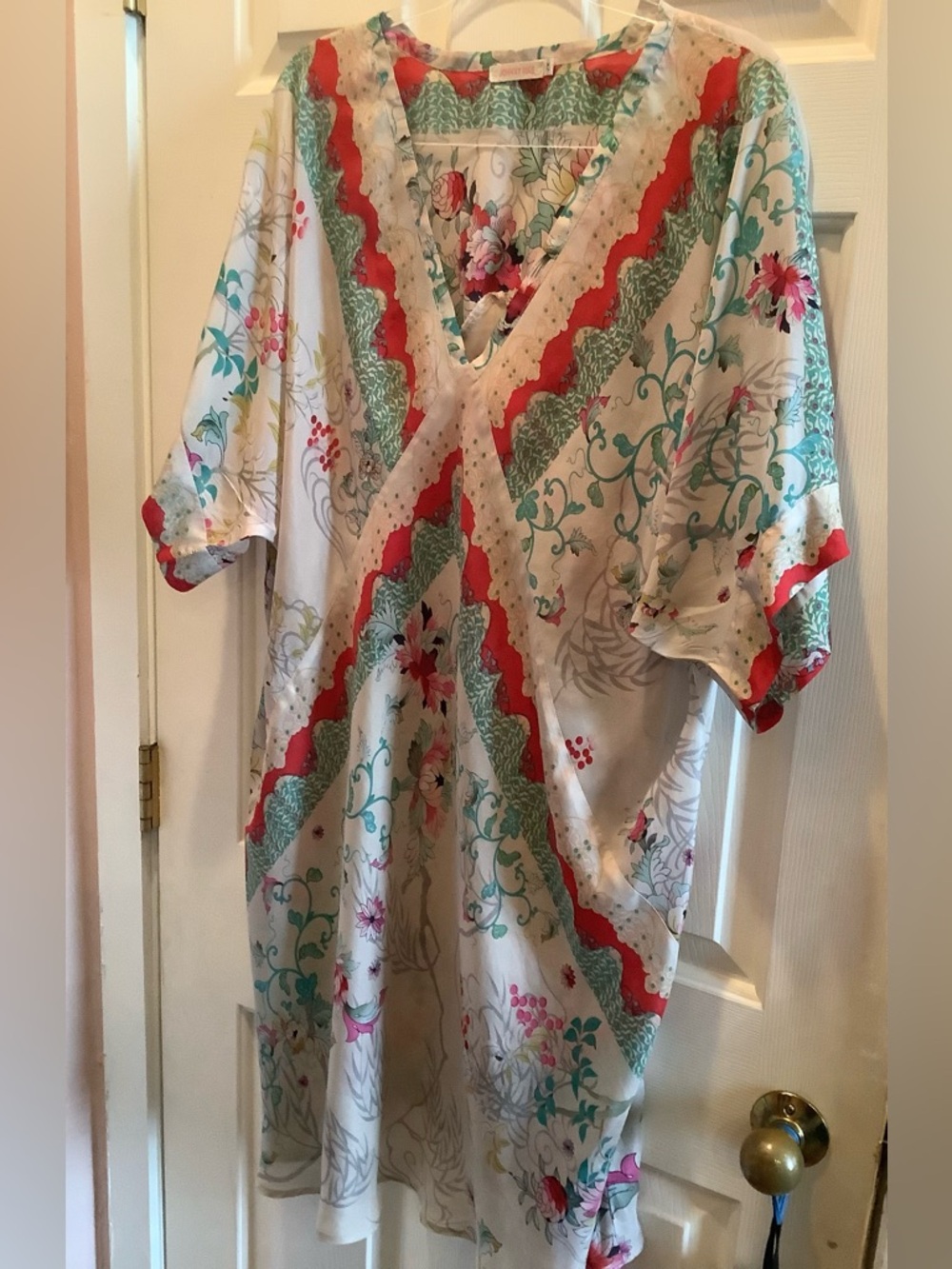 Johnny Was White Tunic with Coral Red & Teal Floral Accents